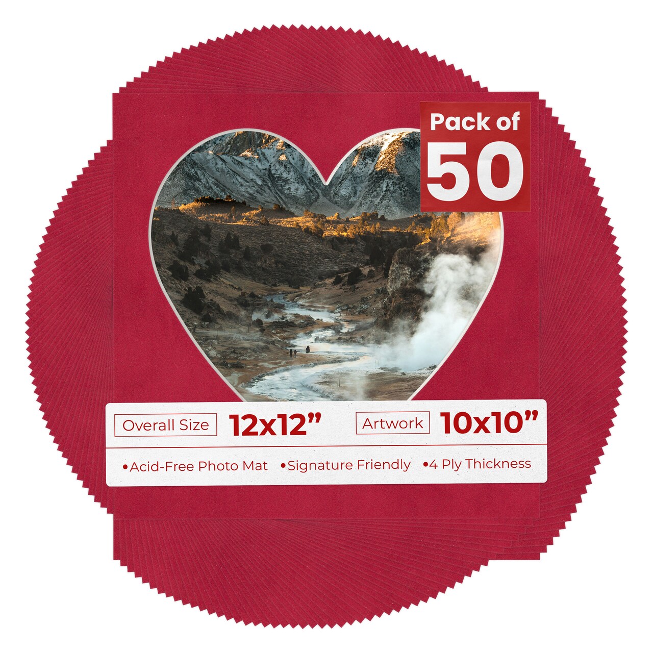 Red Suede Mat Board for 12x12 Frames - Heart Opening for 10x10 Photos